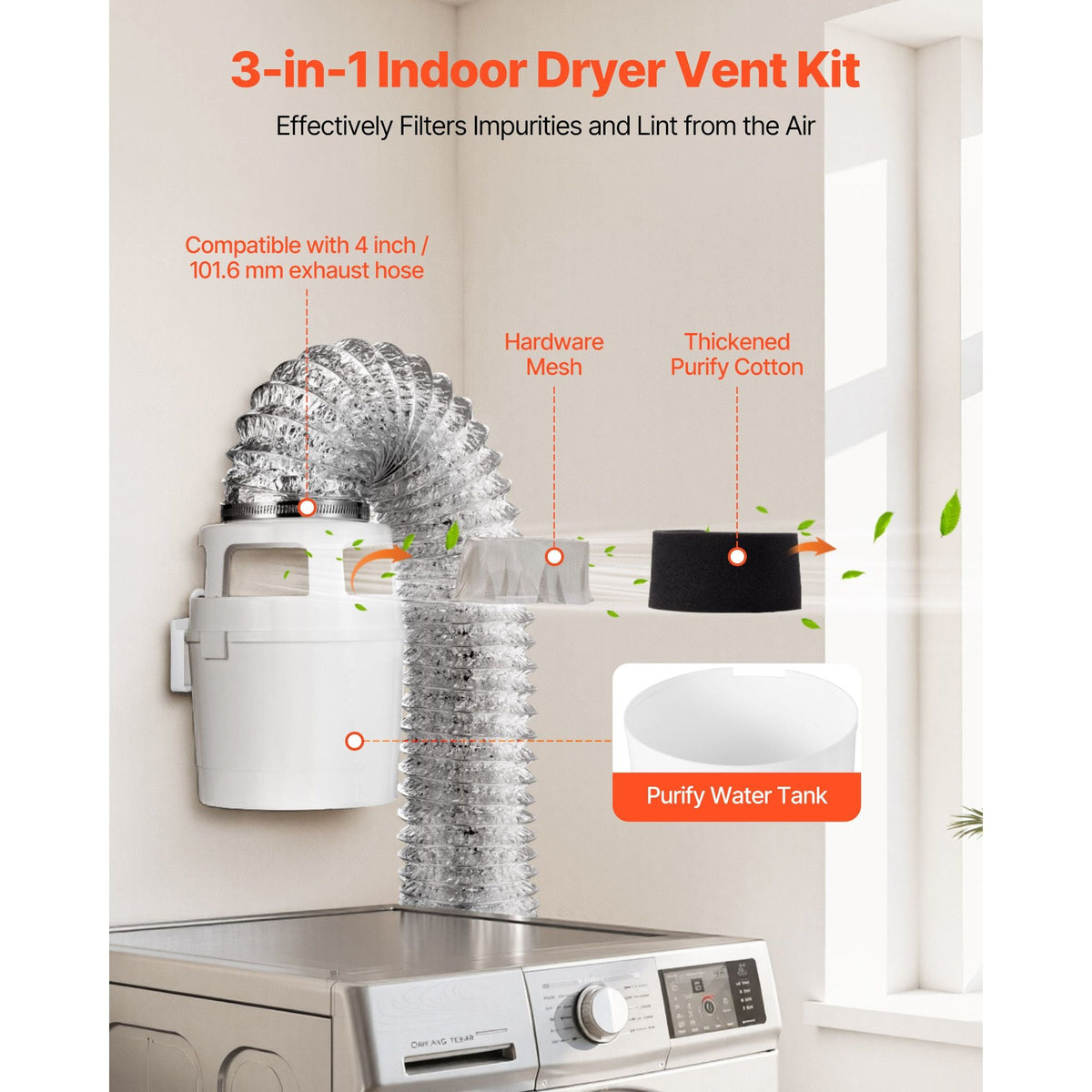 3-in-1 Indoor Dryer Vent Kit, with Bucket for Electric Dryer with 4-Inch by 5-Feet Extendable Exhaust Hose, Premium Quality & Light Weight & No Extra Accessories Required for Apartments, RVs