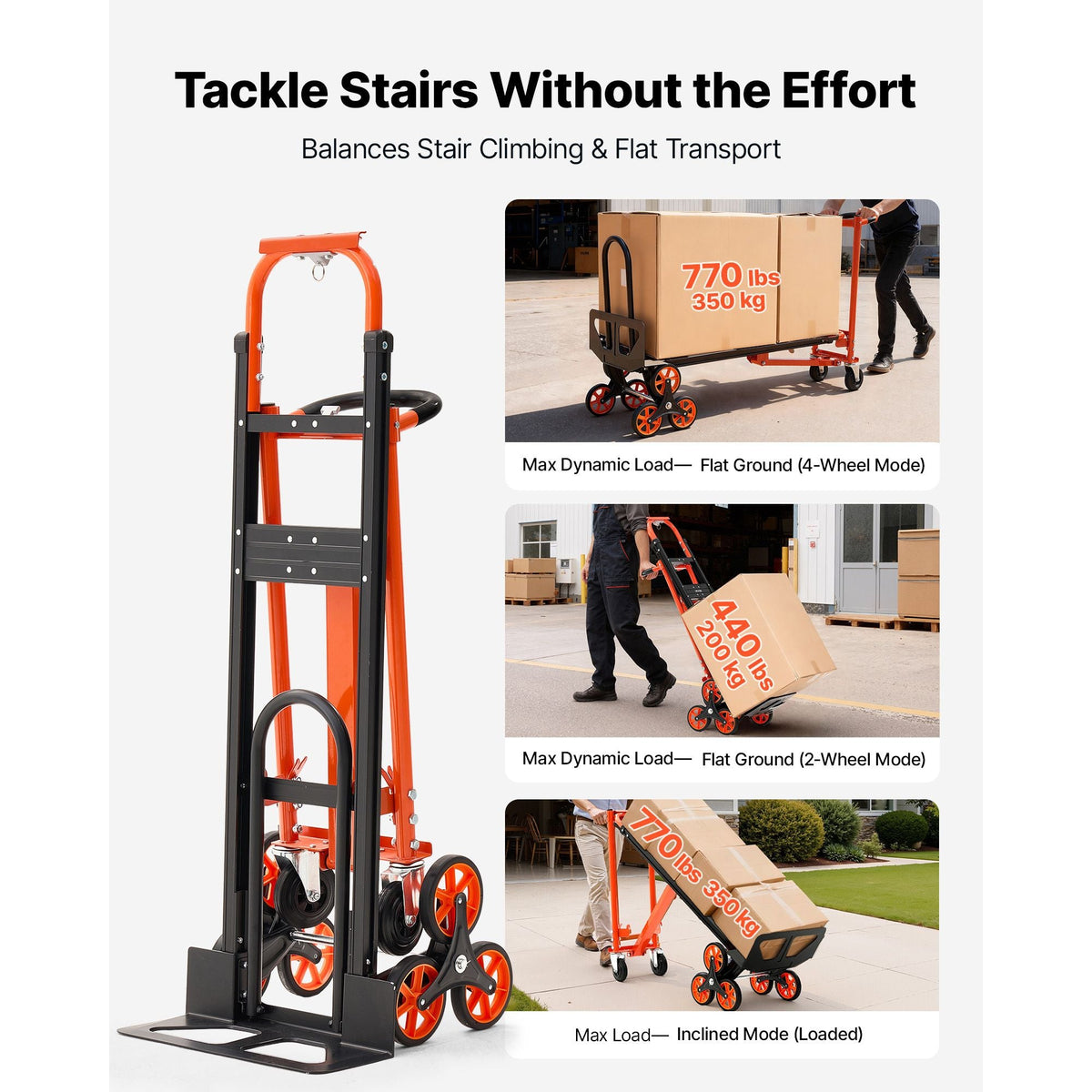 3 in 1 Industrial Convertible Stair Climbing Cart, 770 lbs Max Load, Folding Hand Truck Dolly with Handle & Wheels, Stair Climbing Utility Trolley for Transport & Moving, Orange & Silver