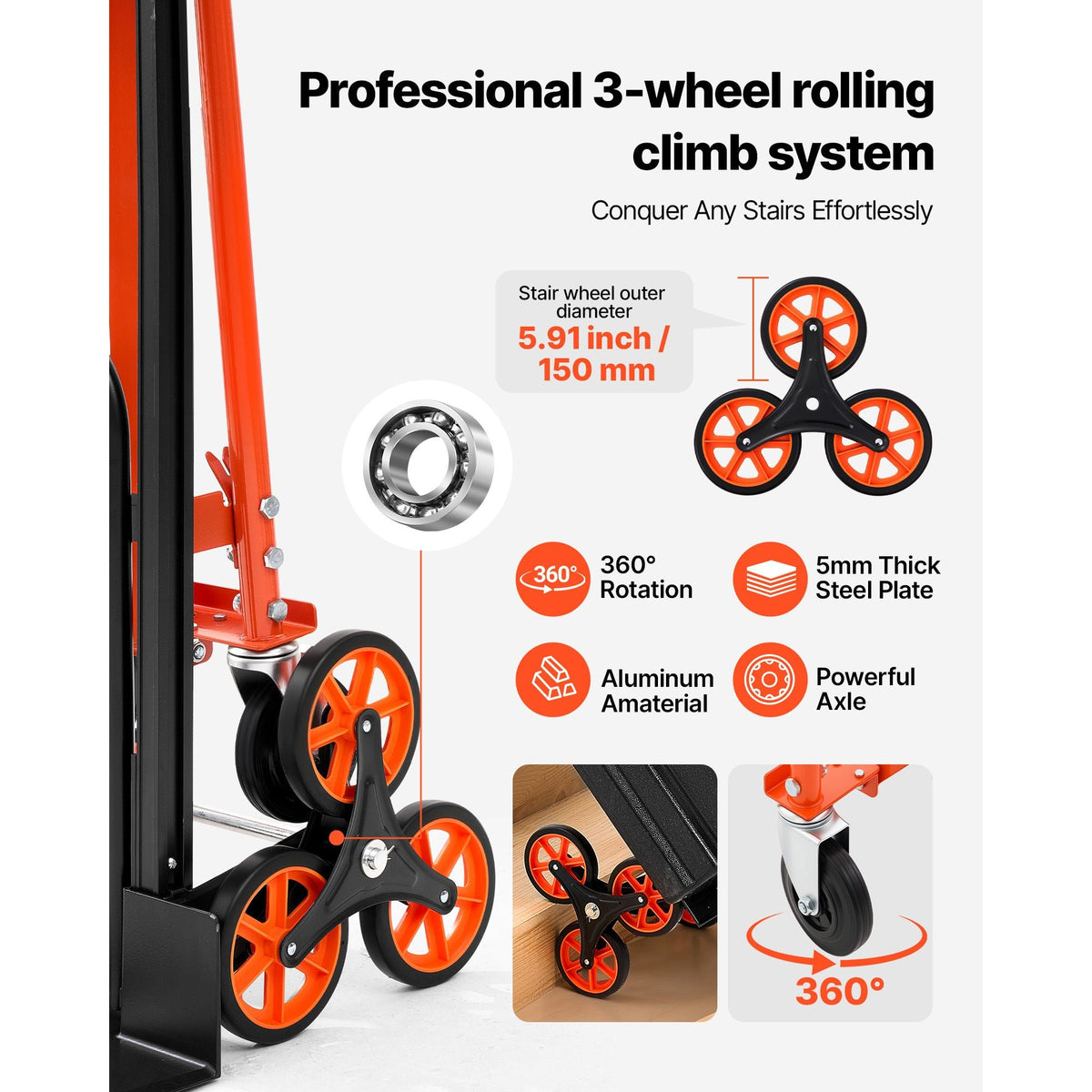 3 in 1 Industrial Convertible Stair Climbing Cart, 770 lbs Max Load, Folding Hand Truck Dolly with Handle & Wheels, Stair Climbing Utility Trolley for Transport & Moving, Orange & Silver
