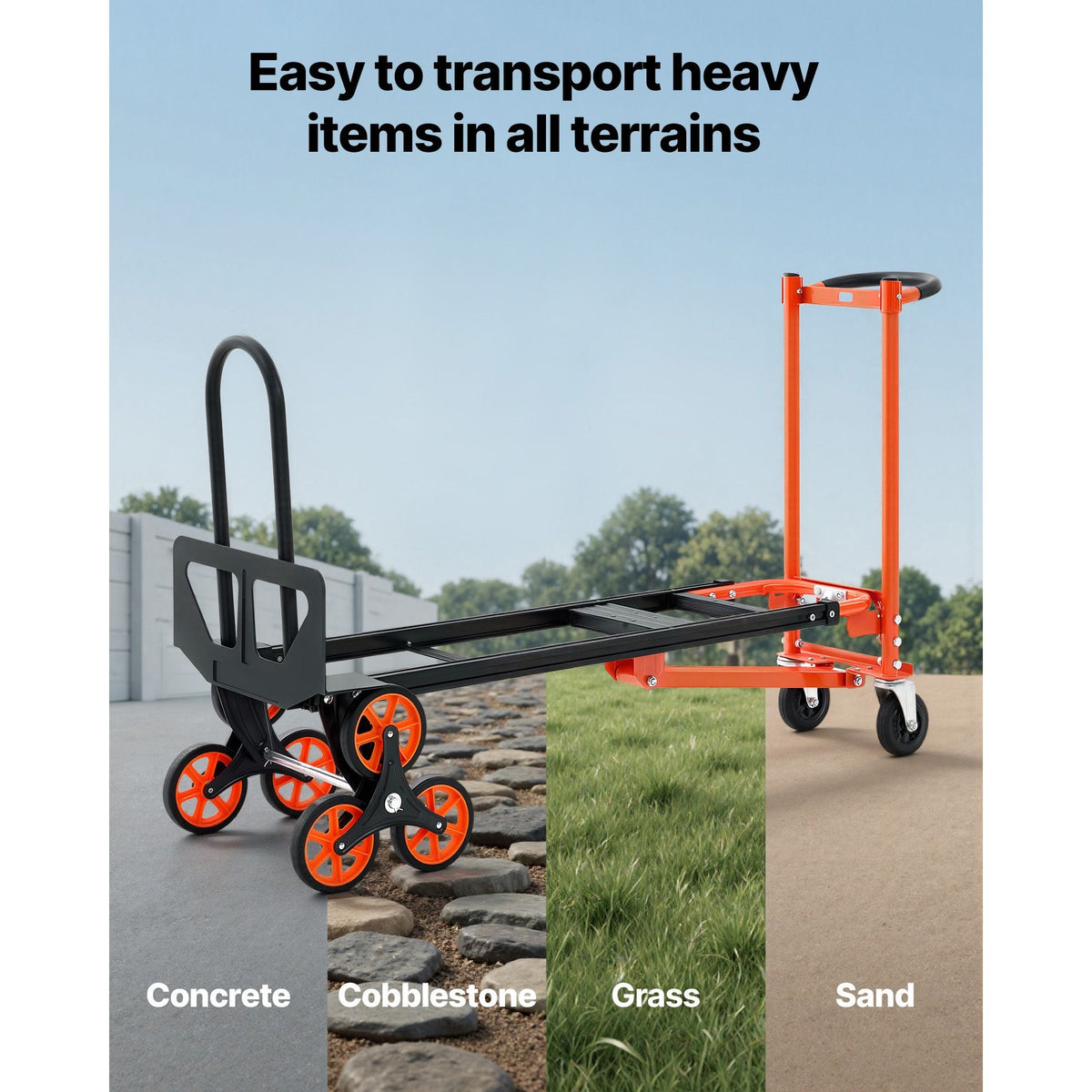 3 in 1 Industrial Convertible Stair Climbing Cart, 770 lbs Max Load, Folding Hand Truck Dolly with Handle & Wheels, Stair Climbing Utility Trolley for Transport & Moving, Orange & Silver