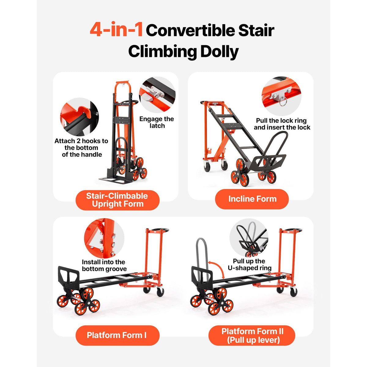 3 in 1 Industrial Convertible Stair Climbing Cart, 770 lbs Max Load, Folding Hand Truck Dolly with Handle & Wheels, Stair Climbing Utility Trolley for Transport & Moving, Orange & Silver
