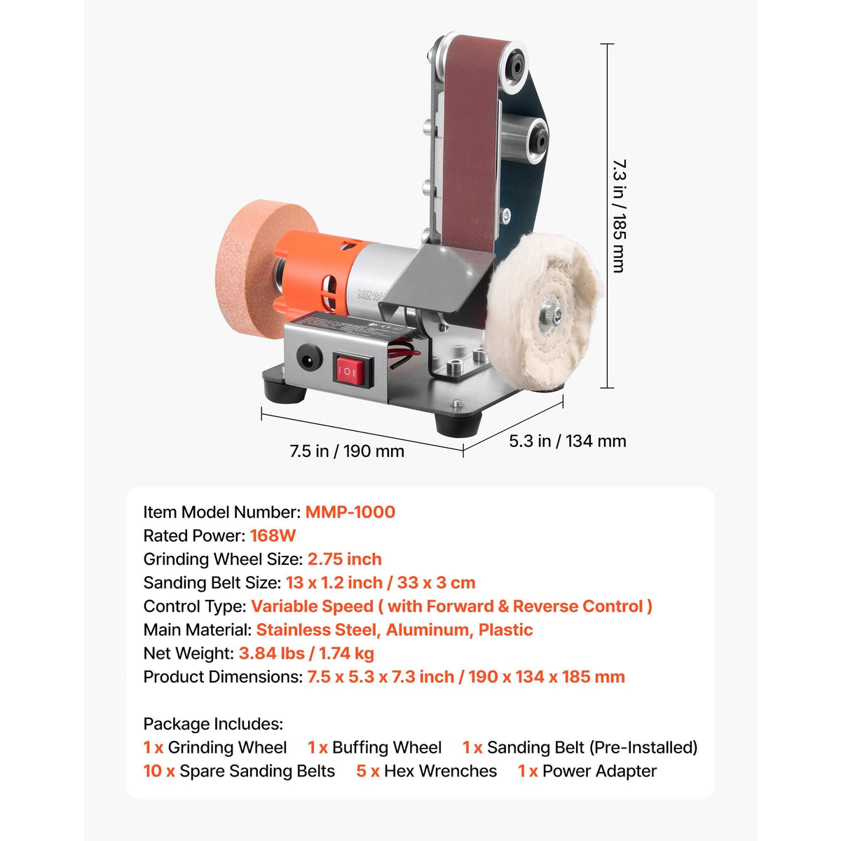 3-in-1 Mini Belt Sander, 13" x 1.2" Sanding Belt, 2.75" Grinding & Polishing Wheel Combo, 7-Speed Adjustable with Forward/Reverse Control for Woodworking, Jewelry Making, Knife Sharpening