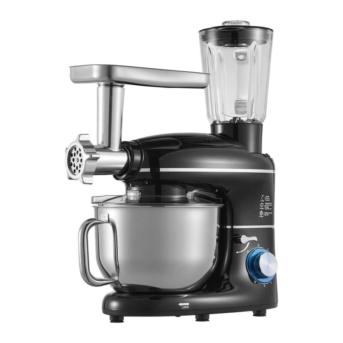 3-in-1 Multifunctional Stand Mixer, 6QT Stainless Steel Bowl, 660W 6+P Speeds Tilt-head Food Mixer with Dough Hook, Wire Whip, Flat Beater, Meat Grinder, Juice Blender, for Baking Mixing, Black