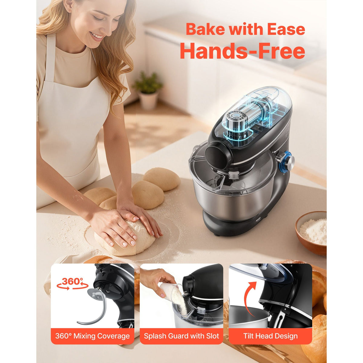 3-in-1 Multifunctional Stand Mixer, 6QT Stainless Steel Bowl, 660W 6+P Speeds Tilt-head Food Mixer with Dough Hook, Wire Whip, Flat Beater, Meat Grinder, Juice Blender, for Baking Mixing, Black
