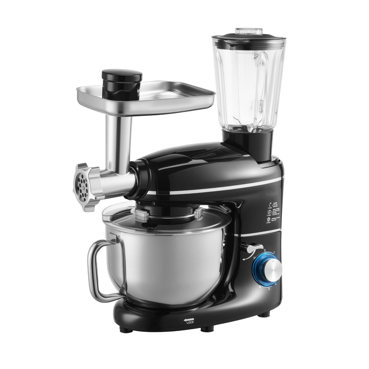 3-in-1 Multifunctional Stand Mixer, 6QT Stainless Steel Bowl, 660W 6+P Speeds Tilt-head Food Mixer with Dough Hook, Wire Whip, Flat Beater, Meat Grinder, Juice Blender, for Baking Mixing, Black