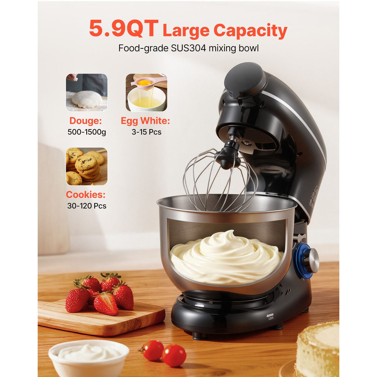 3-in-1 Multifunctional Stand Mixer, 6QT Stainless Steel Bowl, 660W 6+P Speeds Tilt-head Food Mixer with Dough Hook, Wire Whip, Flat Beater, Meat Grinder, Juice Blender, for Baking Mixing, Black