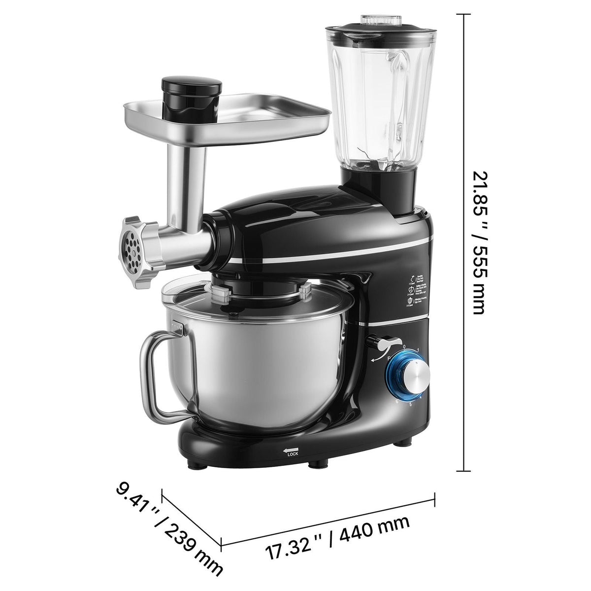3-in-1 Multifunctional Stand Mixer, 6QT Stainless Steel Bowl, 660W 6+P Speeds Tilt-head Food Mixer with Dough Hook, Wire Whip, Flat Beater, Meat Grinder, Juice Blender, for Baking Mixing, Black