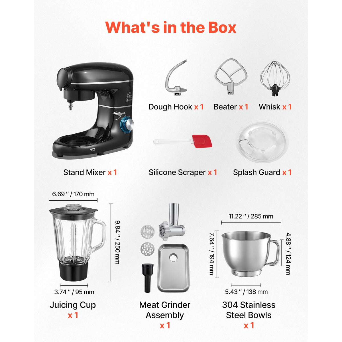 3-in-1 Multifunctional Stand Mixer, 6QT Stainless Steel Bowl, 660W 6+P Speeds Tilt-head Food Mixer with Dough Hook, Wire Whip, Flat Beater, Meat Grinder, Juice Blender, for Baking Mixing, Black