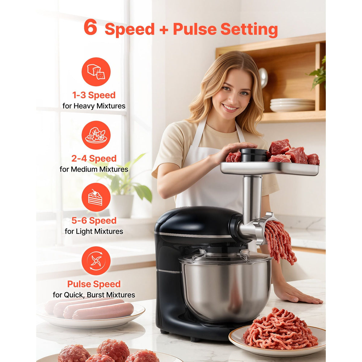 3-in-1 Multifunctional Stand Mixer, 6QT Stainless Steel Bowl, 660W 6+P Speeds Tilt-head Food Mixer with Dough Hook, Wire Whip, Flat Beater, Meat Grinder, Juice Blender, for Baking Mixing, Black
