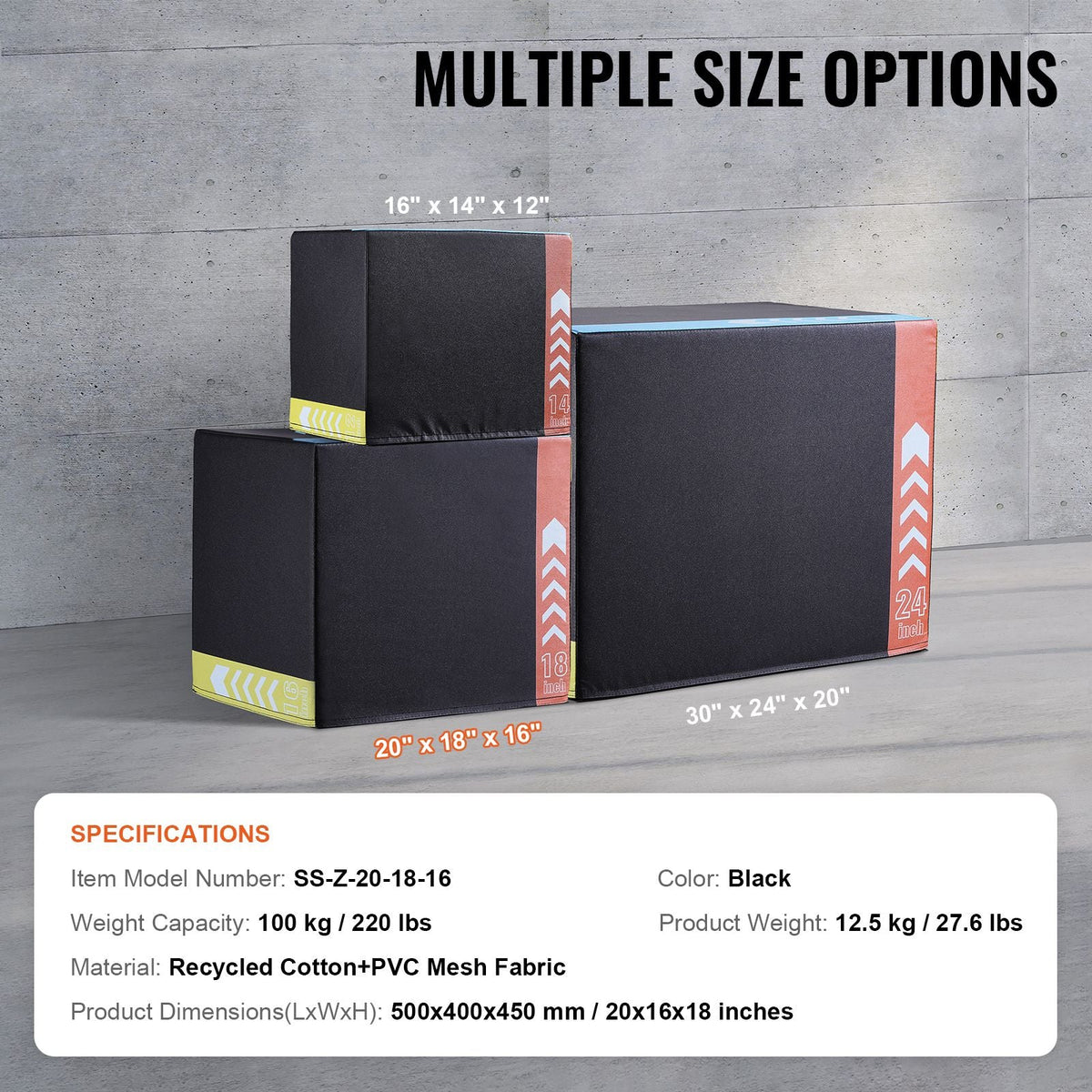 3 in 1 Plyometric Jump Box, 20/18/16 Inch Cotton Plyo Box, Platform & Jumping Agility Box, Anti-Slip Fitness Exercise Step Up Box for Home Gym Training, Conditioning Strength Training, Black