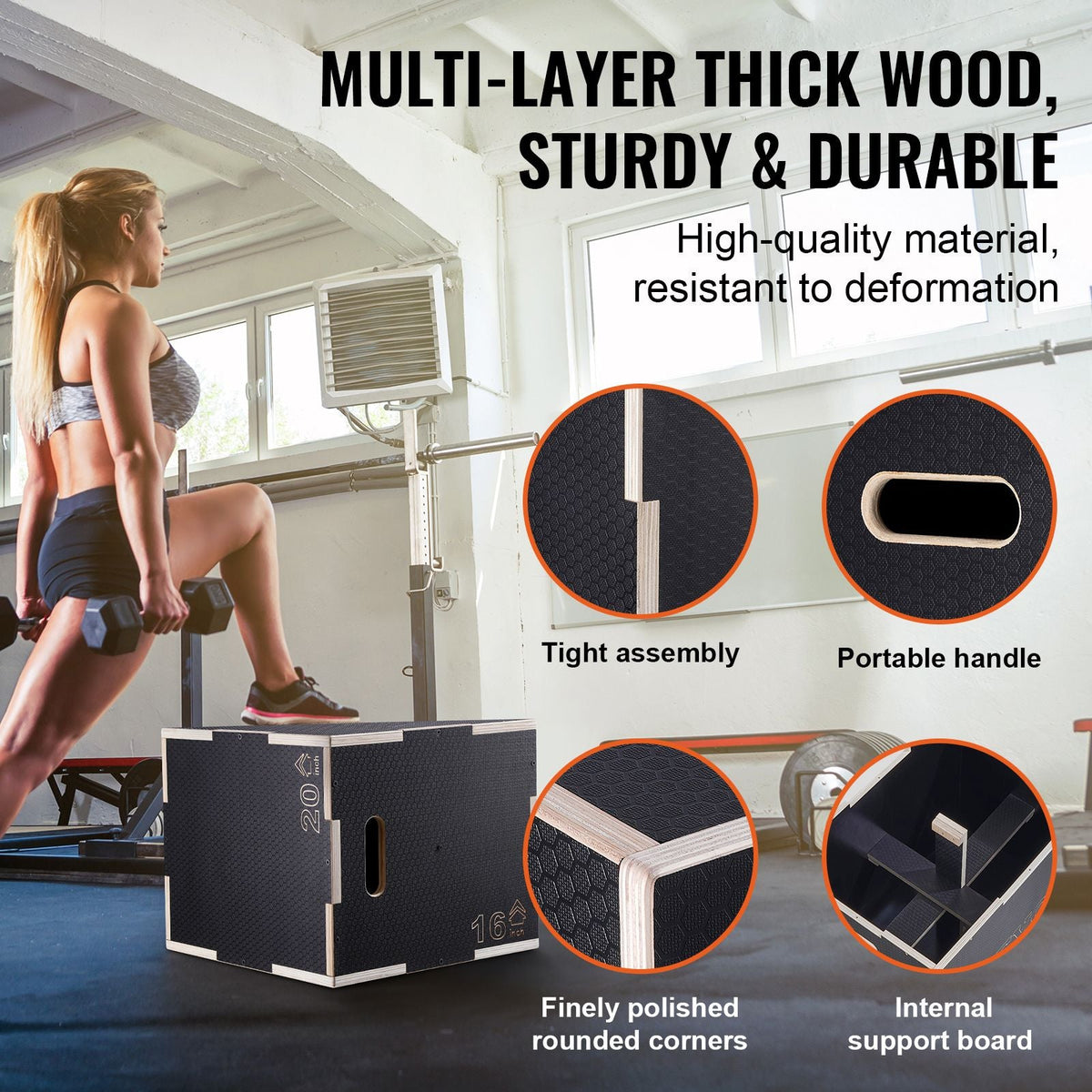 3 in 1 Plyometric Jump Box, 20/18/16 Inch Wooden Plyo Box, Platform & Jumping Agility Box, Anti-Slip Fitness Exercise Step Up Box for Home Gym Training, Conditioning Strength Training, Black