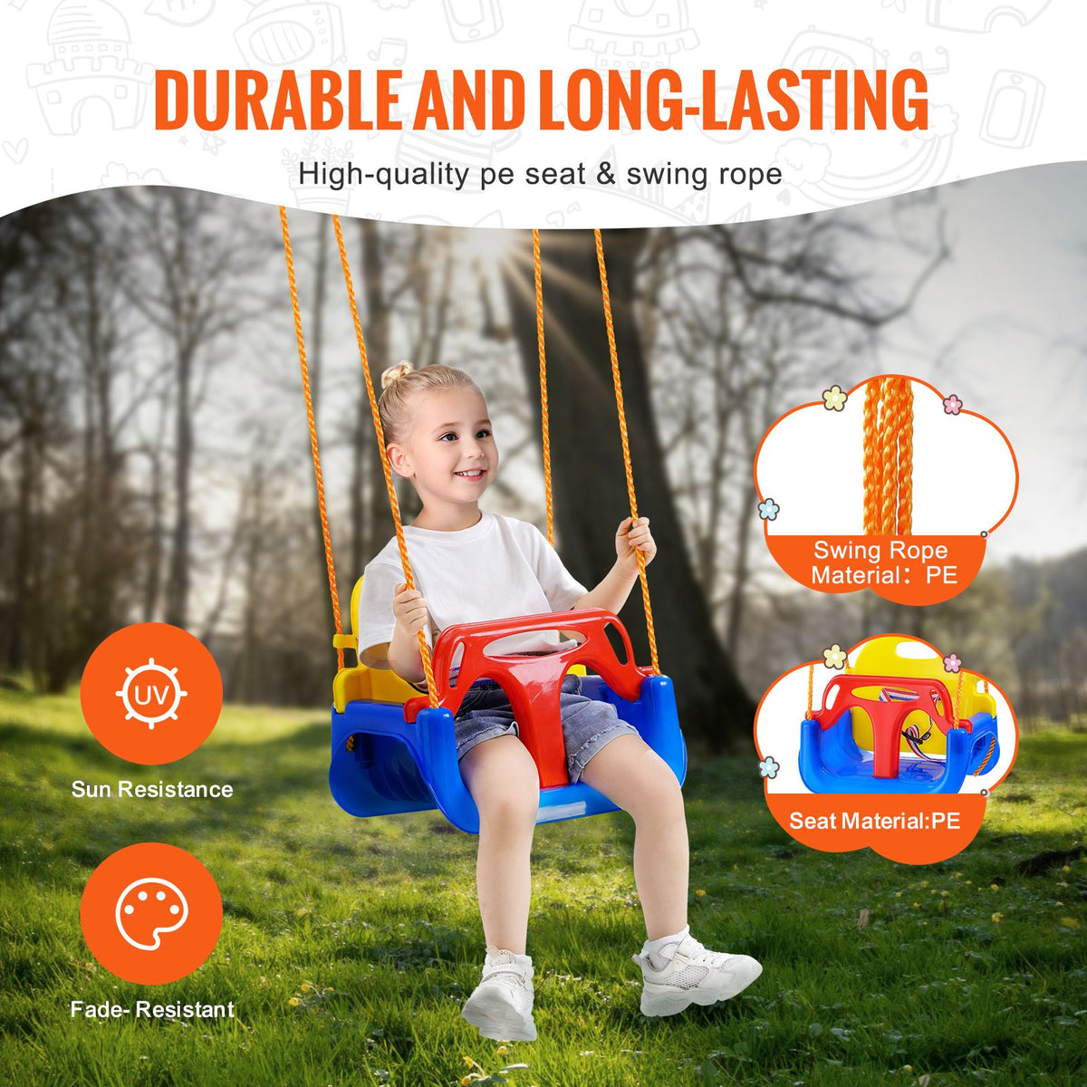 3-in-1 Toddler Swing Seat, 200 lbs Weight Capacity Baby Swing Seat, with Adjustable Ropes and Snap Hooks, Snug & Secure Detachable Infants to Teens Kids Swing Seat, for Outdoor and Indoor