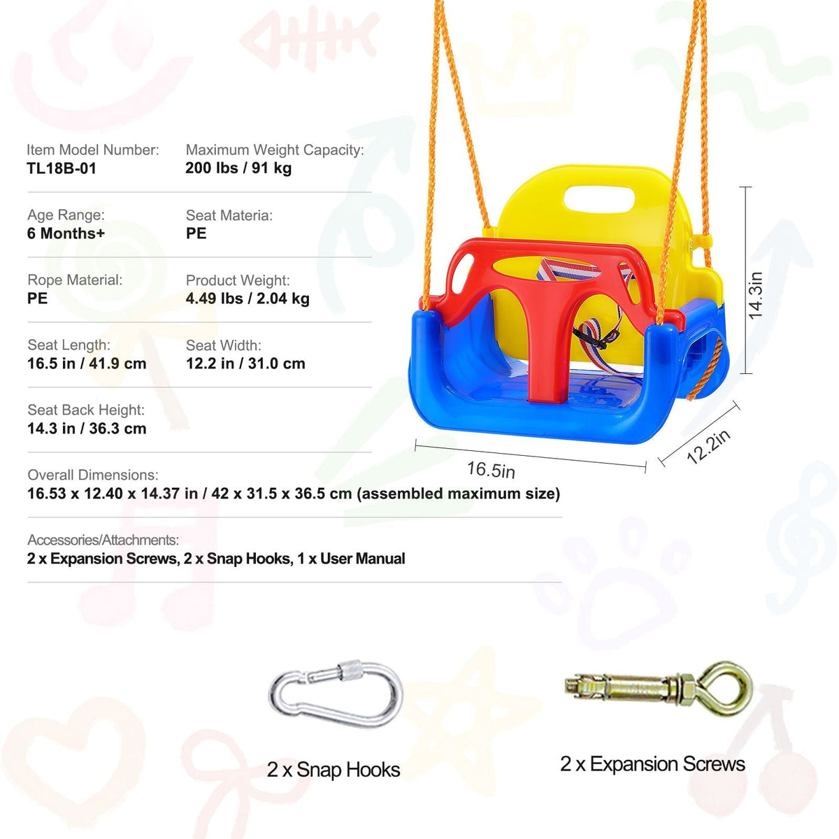 3-in-1 Toddler Swing Seat, 200 lbs Weight Capacity Baby Swing Seat, with Adjustable Ropes and Snap Hooks, Snug & Secure Detachable Infants to Teens Kids Swing Seat, for Outdoor and Indoor