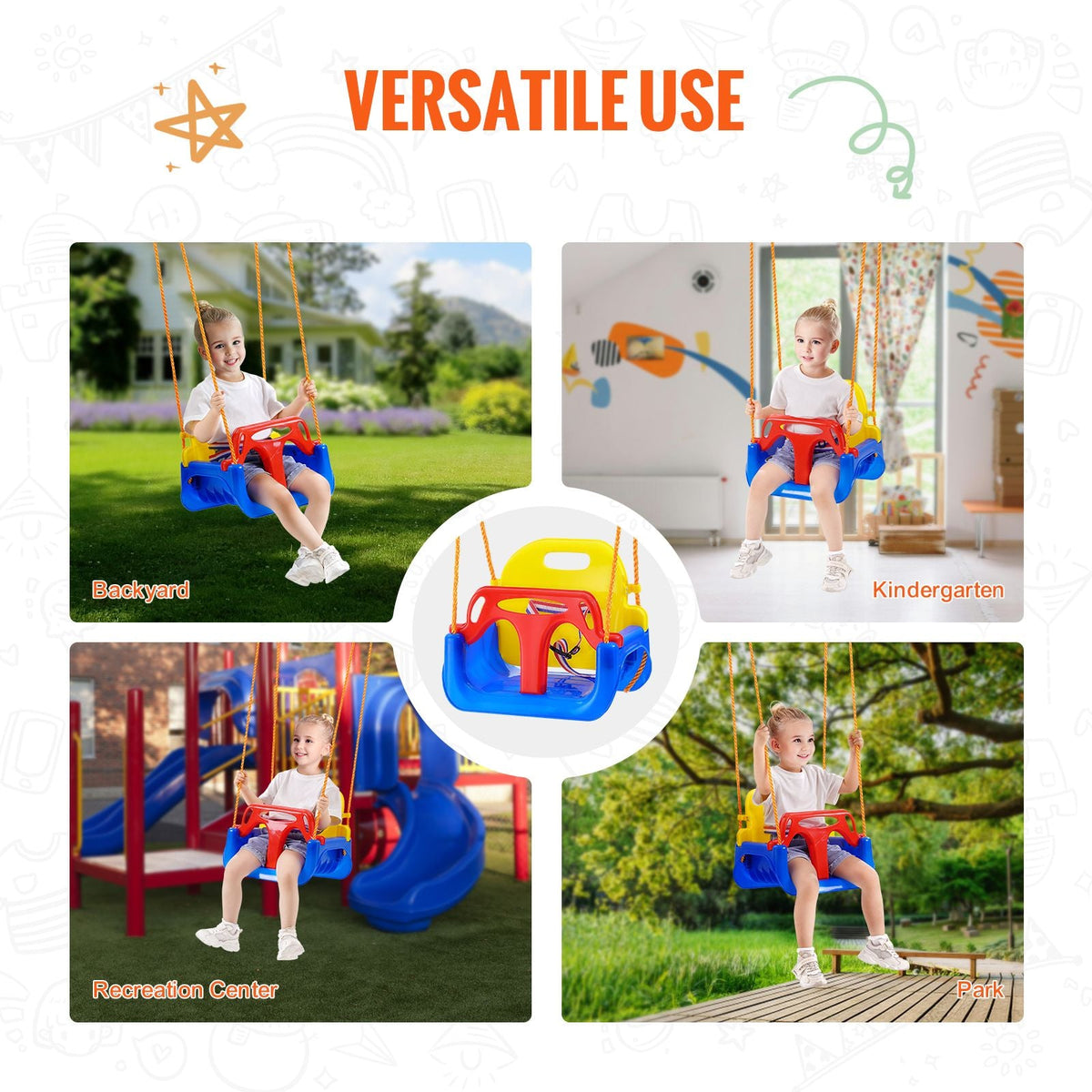 3-in-1 Toddler Swing Seat, 200 lbs Weight Capacity Baby Swing Seat, with Adjustable Ropes and Snap Hooks, Snug & Secure Detachable Infants to Teens Kids Swing Seat, for Outdoor and Indoor