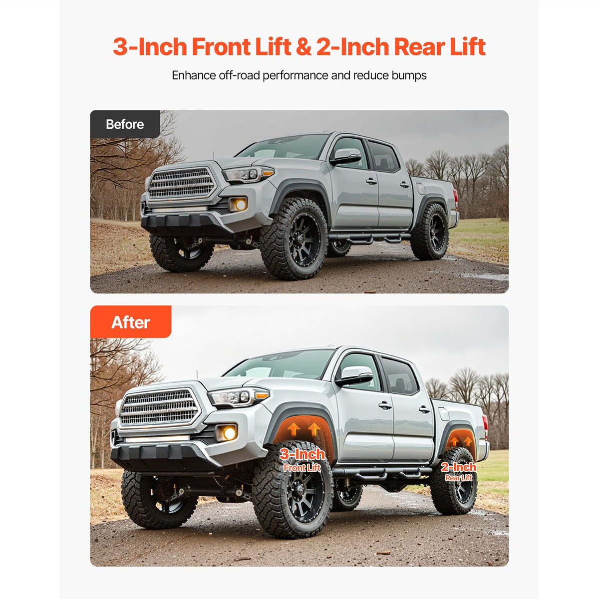 3 Inch Front and 2 Inch Rear Leveling Lift Kit for 2005-2021, 2022, 2023 Toyota Tacoma 2WD/4WD, Chassis Level Kit with 2 Front Strut Spacers, 2 Rear Lift Blocks, 4 U-Bolts, Suspension Level Kit
