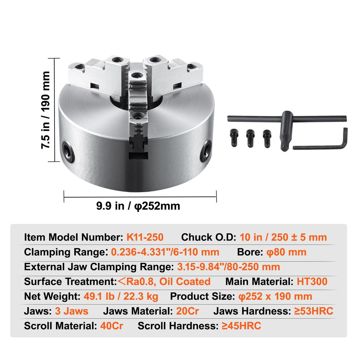 3-Jaw Lathe Chuck, 10'', Self-Centering Lathe Chuck, 0.24-9.84 in/6-250 mm Clamping Range with T-key Fixing Screws Hexagon Wrench, for Lathe 3D Printer Machining Center Milling Drilling Machine