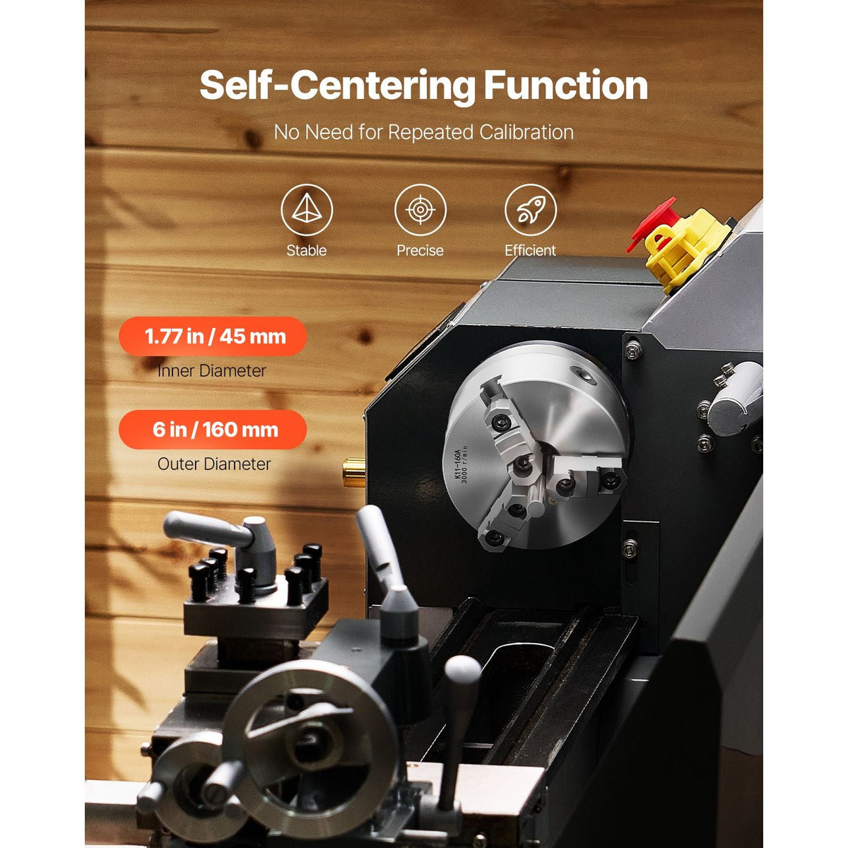 3-Jaw Lathe Chuck, 6 Inch (160 mm), Self-Centering Chuck with 1 1/2 in-8 Threaded Backing Plate, 0.12-5.71 in (3-145 mm) Clamping Range with T-wrench Screws, HT300 Material, for Wood Metal Lathe