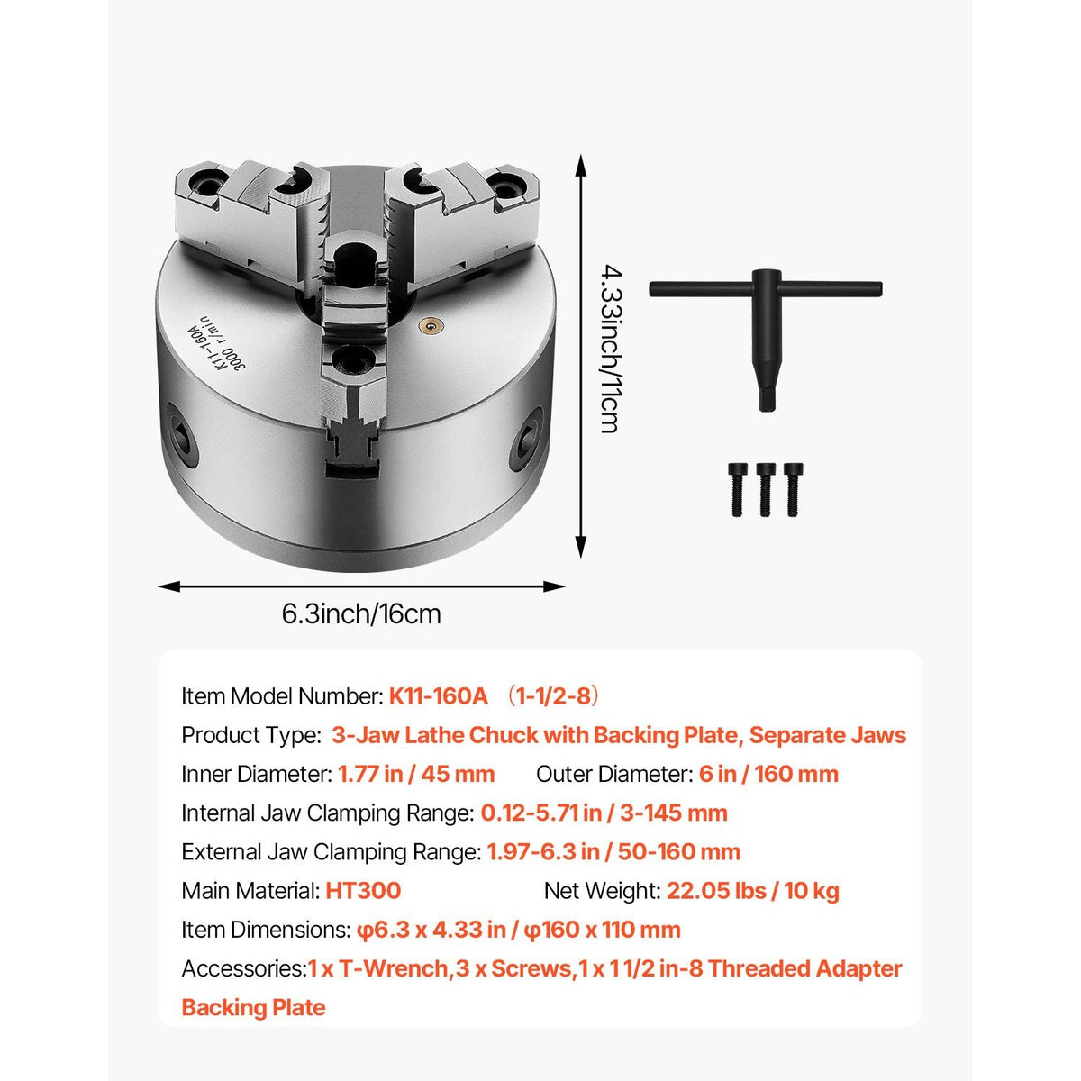 3-Jaw Lathe Chuck, 6 Inch (160 mm), Self-Centering Chuck with 1 1/2 in-8 Threaded Backing Plate, 0.12-5.71 in (3-145 mm) Clamping Range with T-wrench Screws, HT300 Material, for Wood Metal Lathe