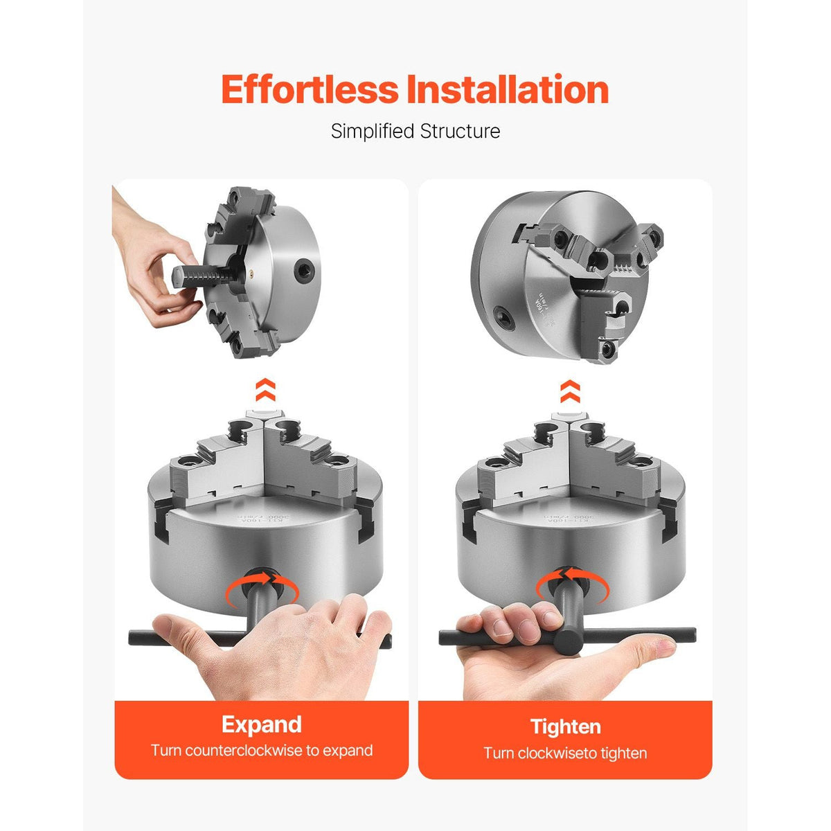 3-Jaw Lathe Chuck, 6 Inch (160 mm), Self-Centering Chuck with 1 1/2 in-8 Threaded Backing Plate, 0.12-5.71 in (3-145 mm) Clamping Range with T-wrench Screws, HT300 Material, for Wood Metal Lathe