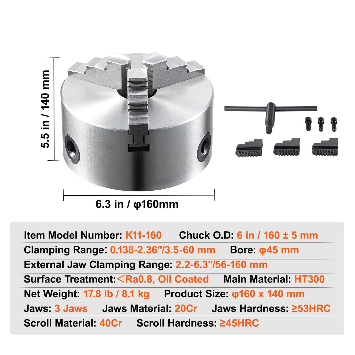 3-Jaw Lathe Chuck, 6'', Self-Centering Lathe Chuck, 0.14- 6.3 in/3.5-160 mm Clamping Range with T-key Fixing Screws Reversible Jaws, for Lathe 3D Printer Machining Center Milling Drilling Machin