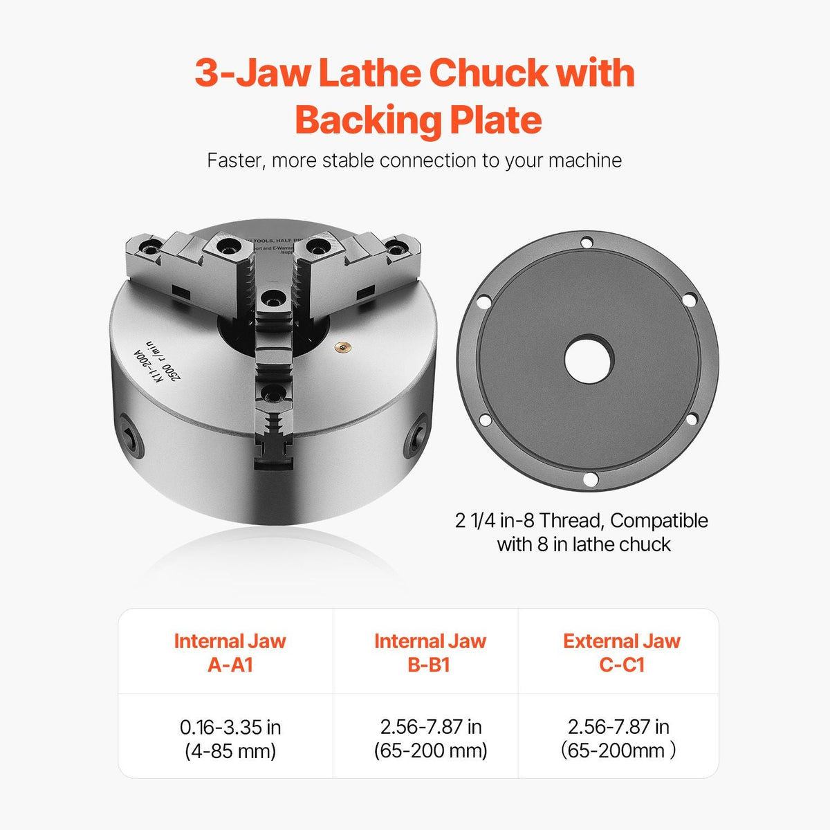 3-Jaw Lathe Chuck, 8 Inch (200 mm), Self-Centering Chuck with 2 1/4 in-8 Threaded Backing Plate, 0.16-7.87 in (4-200 mm) Clamping Range with T-wrench Screws, HT300 Material, for Wood Metal Lathe
