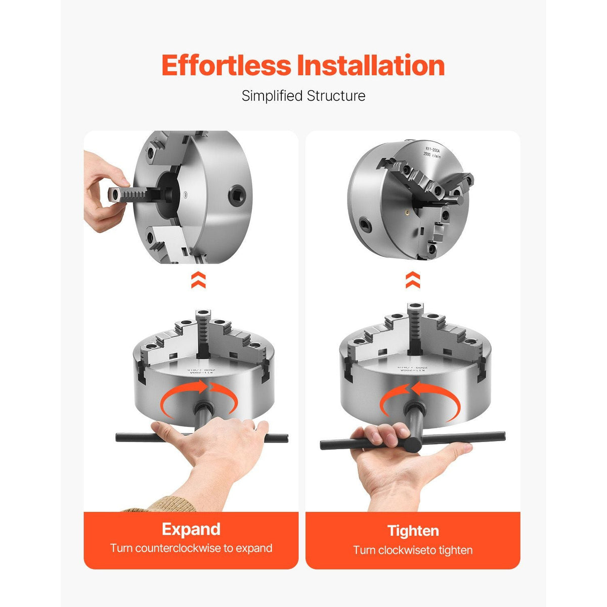 3-Jaw Lathe Chuck, 8 Inch (200 mm), Self-Centering Chuck with 2 1/4 in-8 Threaded Backing Plate, 0.16-7.87 in (4-200 mm) Clamping Range with T-wrench Screws, HT300 Material, for Wood Metal Lathe