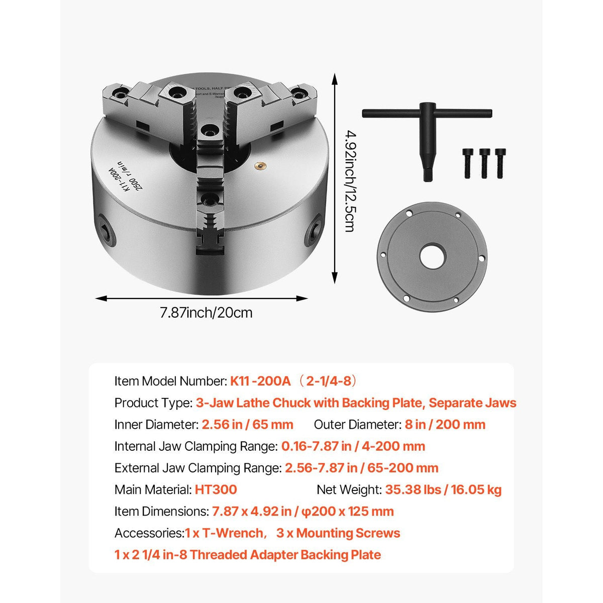3-Jaw Lathe Chuck, 8 Inch (200 mm), Self-Centering Chuck with 2 1/4 in-8 Threaded Backing Plate, 0.16-7.87 in (4-200 mm) Clamping Range with T-wrench Screws, HT300 Material, for Wood Metal Lathe