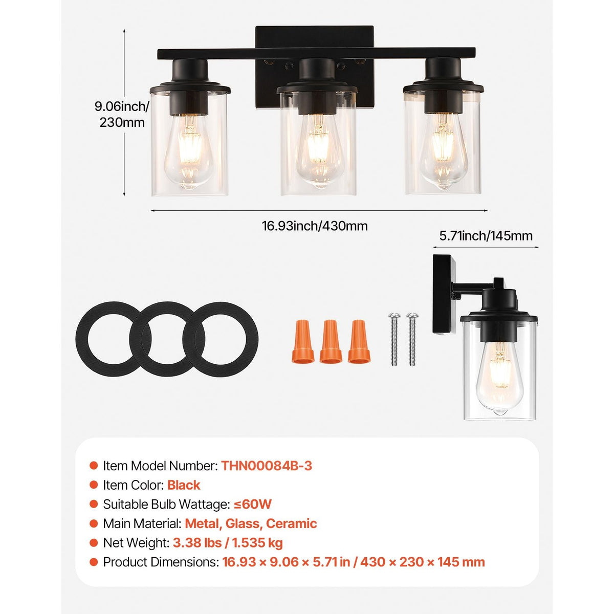 3-Light Bathroom Light Fixtures, Modern Vanity Light Fixture over Mirror, Bathroom Wall Sconce Lamp with Clear Glass Shade, E26 Ceramic Socket for Bedroom Living Room Hallway (Bulb Not Included)