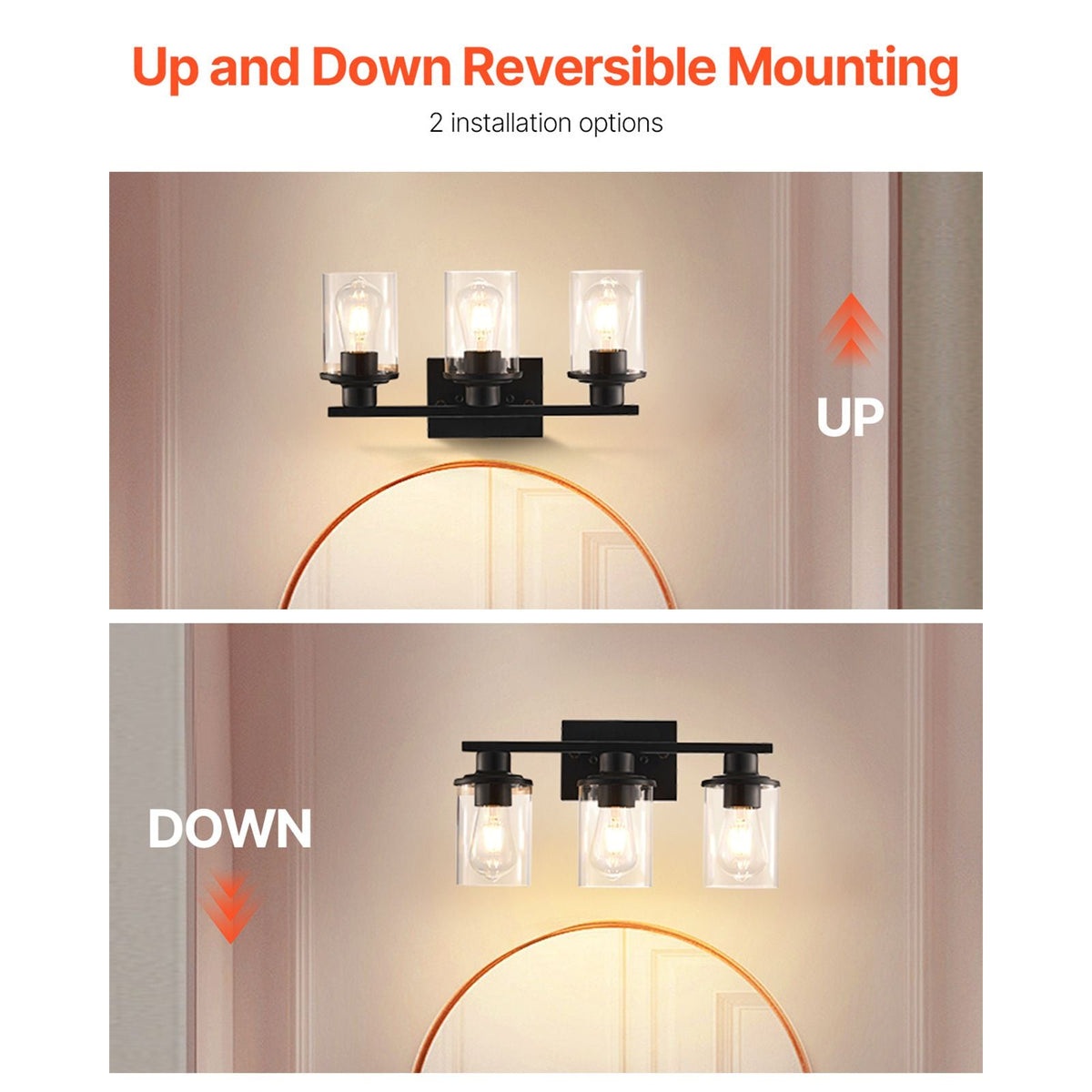 3-Light Bathroom Light Fixtures, Modern Vanity Light Fixture over Mirror, Bathroom Wall Sconce Lamp with Clear Glass Shade, E26 Ceramic Socket for Bedroom Living Room Hallway (Bulb Not Included)