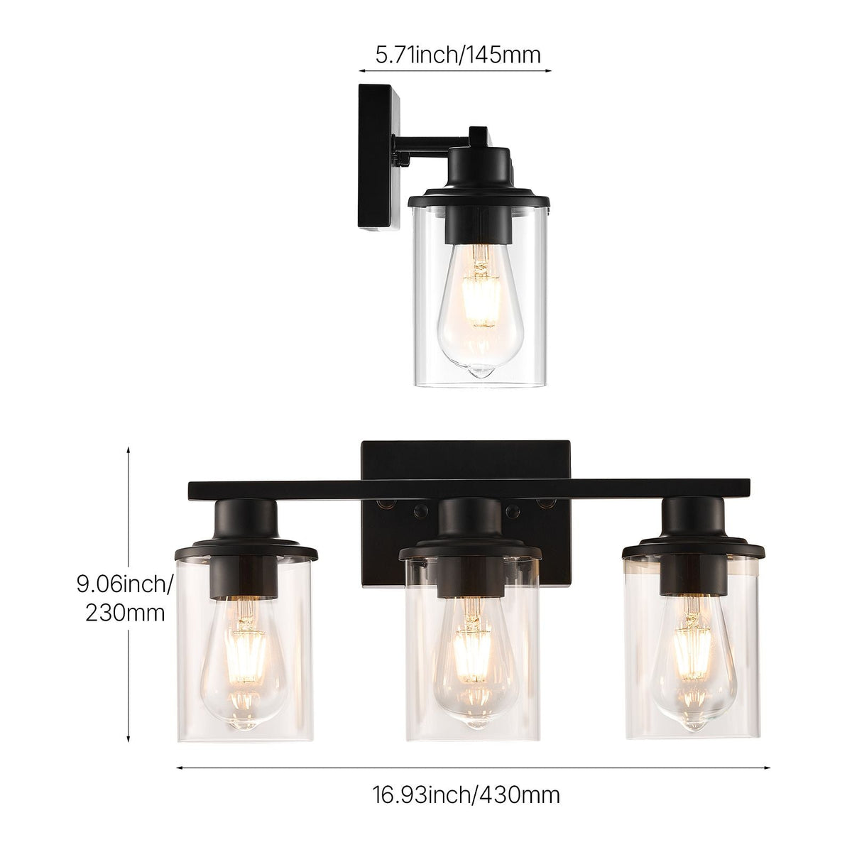 3-Light Bathroom Light Fixtures, Modern Vanity Light Fixture over Mirror, Bathroom Wall Sconce Lamp with Clear Glass Shade, E26 Ceramic Socket for Bedroom Living Room Hallway (Bulb Not Included)