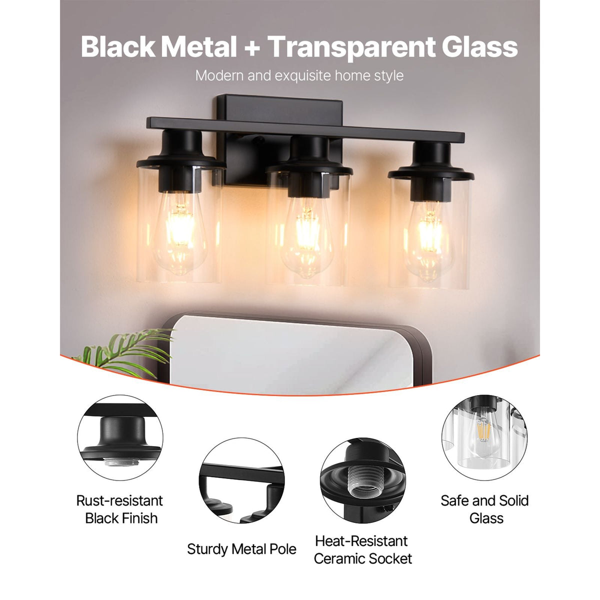 3-Light Bathroom Light Fixtures, Modern Vanity Light Fixture over Mirror, Bathroom Wall Sconce Lamp with Clear Glass Shade, E26 Ceramic Socket for Bedroom Living Room Hallway (Bulb Not Included)