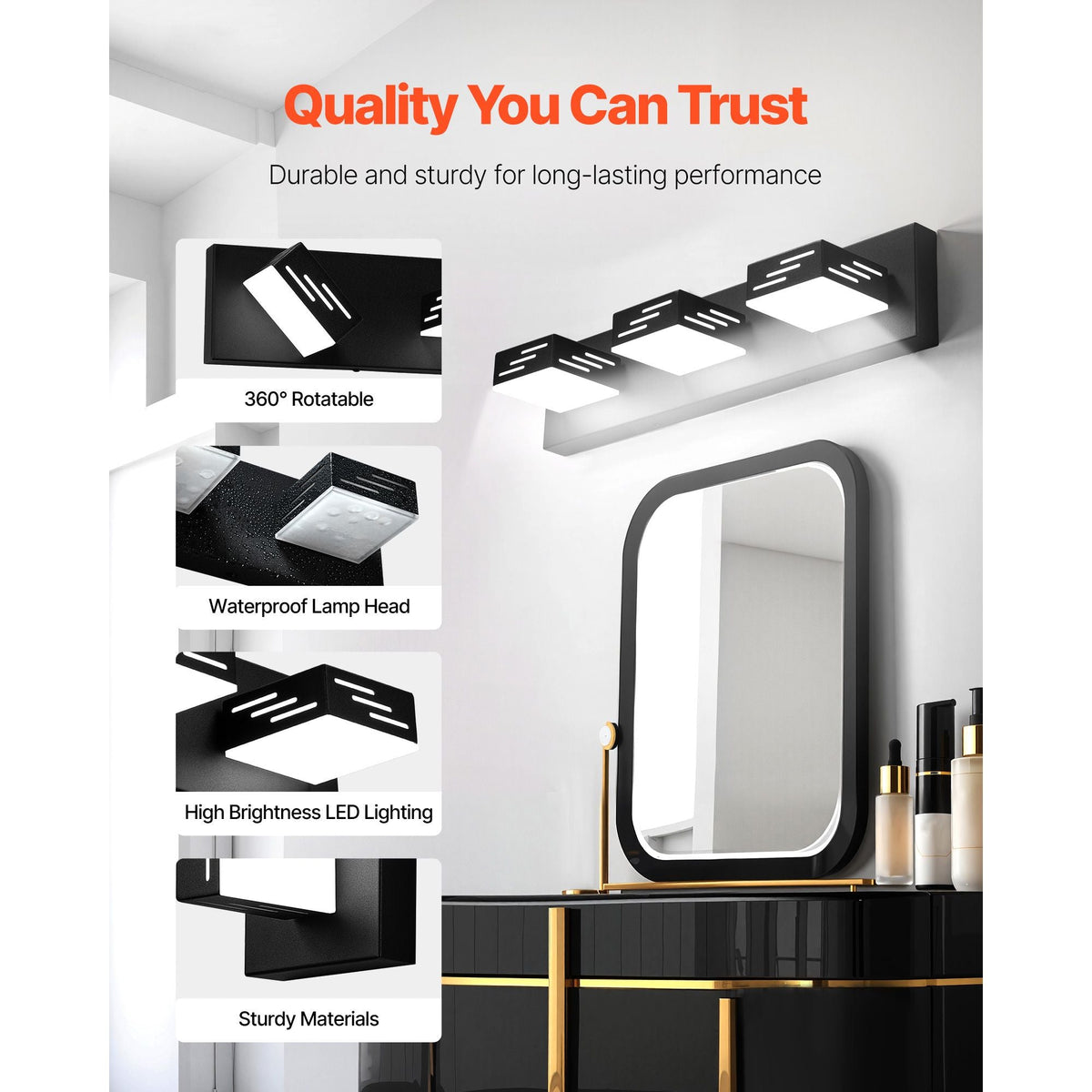 3-Light LED Modern Vanity Light Fixtures, 19.69-Inch, Black Finish Bathroom Wall Lighting Fixture Over Mirror, with IP44 Waterproof, for Bathroom, Living Room, Bedroom, Hallway, Cool White 6000K