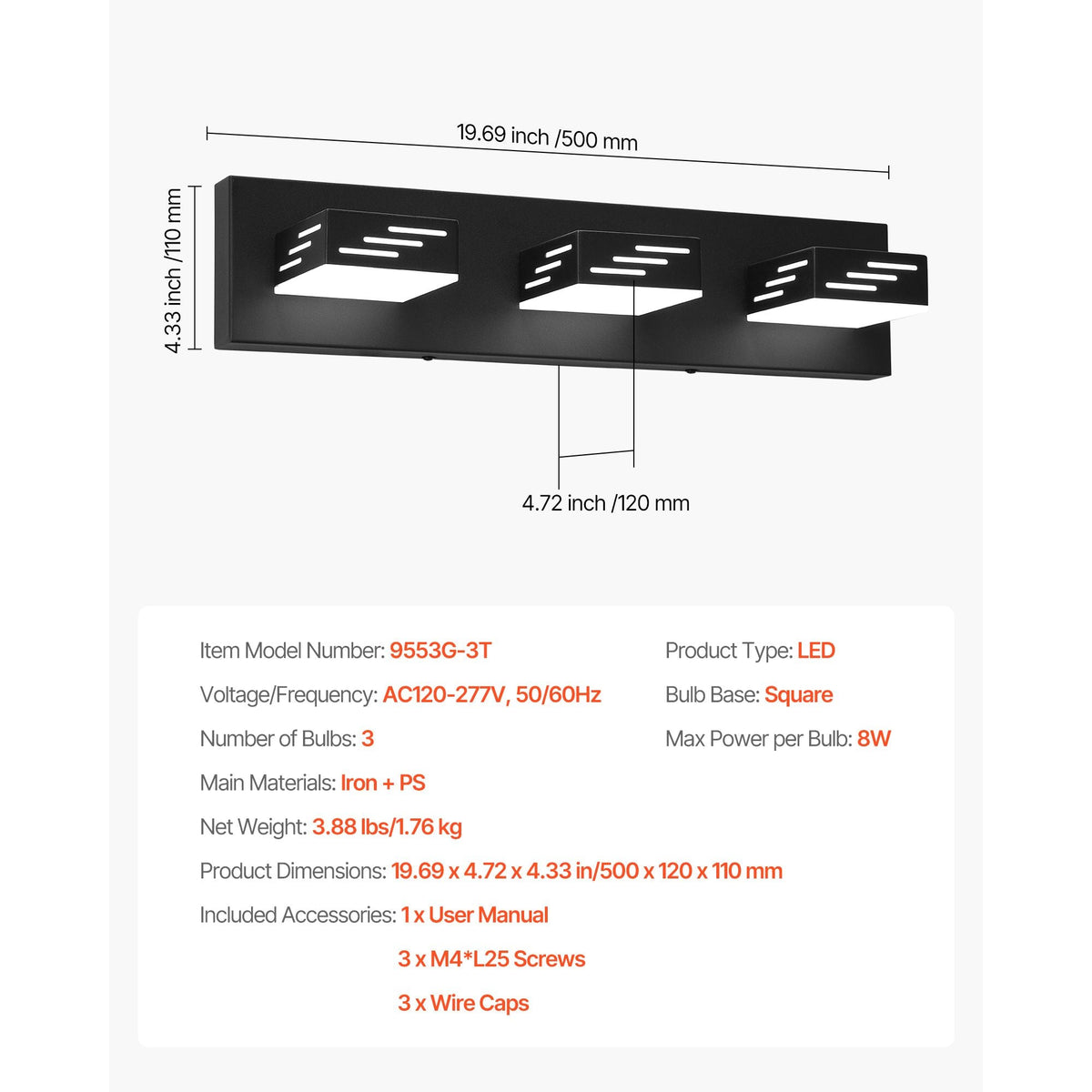 3-Light LED Modern Vanity Light Fixtures, 19.69-Inch, Black Finish Bathroom Wall Lighting Fixture Over Mirror, with IP44 Waterproof, for Bathroom, Living Room, Bedroom, Hallway, Cool White 6000K