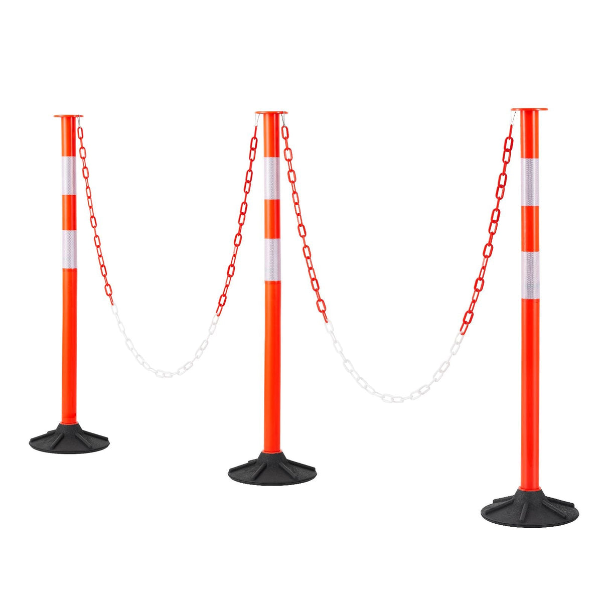 3 Pack Traffic Delineator Posts, 34 in Traffic Safety Cones with Weighted Base, Reflective Strips and Chain, Heavy Duty Delineator Posts for Construction Site, Parking Lot, Crowd Control, Red