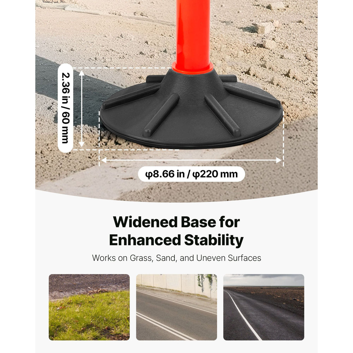 3 Pack Traffic Delineator Posts, 34 in Traffic Safety Cones with Weighted Base, Reflective Strips and Chain, Heavy Duty Delineator Posts for Construction Site, Parking Lot, Crowd Control, Red