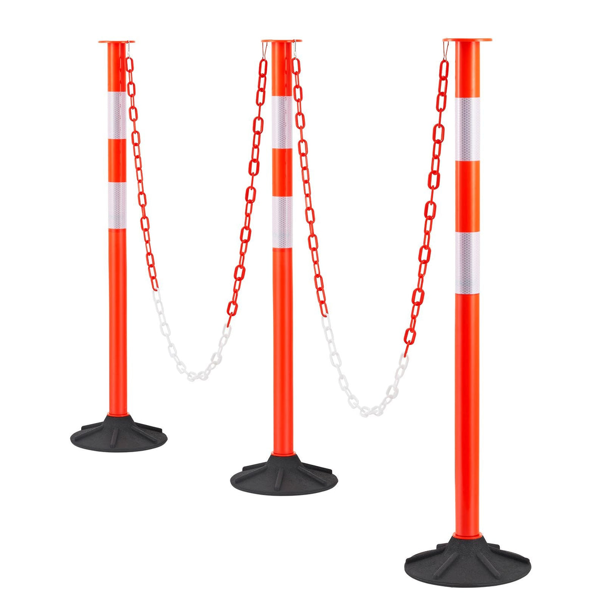 3 Pack Traffic Delineator Posts, 34 in Traffic Safety Cones with Weighted Base, Reflective Strips and Chain, Heavy Duty Delineator Posts for Construction Site, Parking Lot, Crowd Control, Red