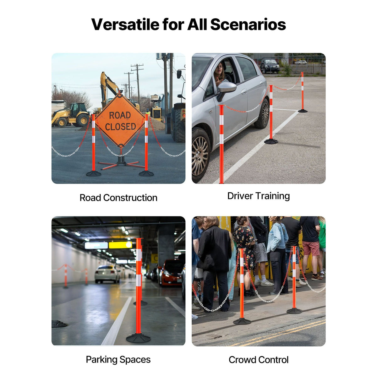 3 Pack Traffic Delineator Posts, 34 in Traffic Safety Cones with Weighted Base, Reflective Strips and Chain, Heavy Duty Delineator Posts for Construction Site, Parking Lot, Crowd Control, Red