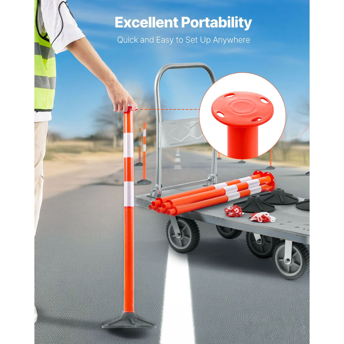 3 Pack Traffic Delineator Posts, 34 in Traffic Safety Cones with Weighted Base, Reflective Strips and Chain, Heavy Duty Delineator Posts for Construction Site, Parking Lot, Crowd Control, Red