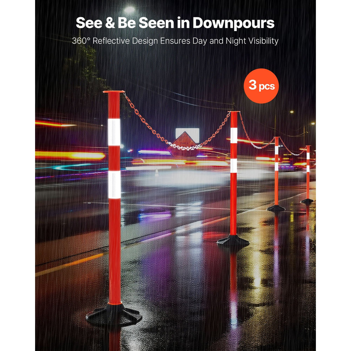 3 Pack Traffic Delineator Posts, 34 in Traffic Safety Cones with Weighted Base, Reflective Strips and Chain, Heavy Duty Delineator Posts for Construction Site, Parking Lot, Crowd Control, Red