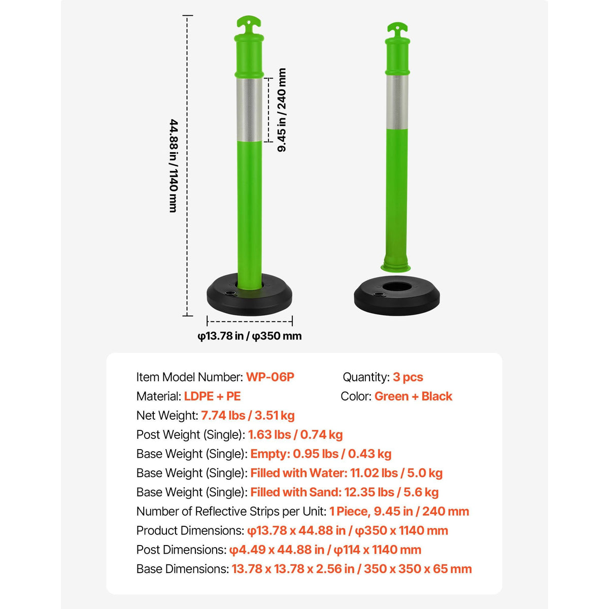 3 Pack Traffic Delineator Posts, 48 inches Traffic Safety Cones with Fillable Base and Reflective Strips, Heavy Duty Delineator Posts for Construction Site, Parking Lot, Crowd Control, Green
