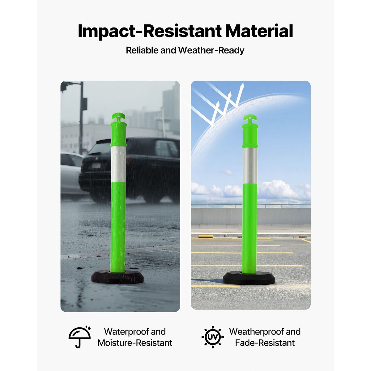 3 Pack Traffic Delineator Posts, 48 inches Traffic Safety Cones with Fillable Base and Reflective Strips, Heavy Duty Delineator Posts for Construction Site, Parking Lot, Crowd Control, Green