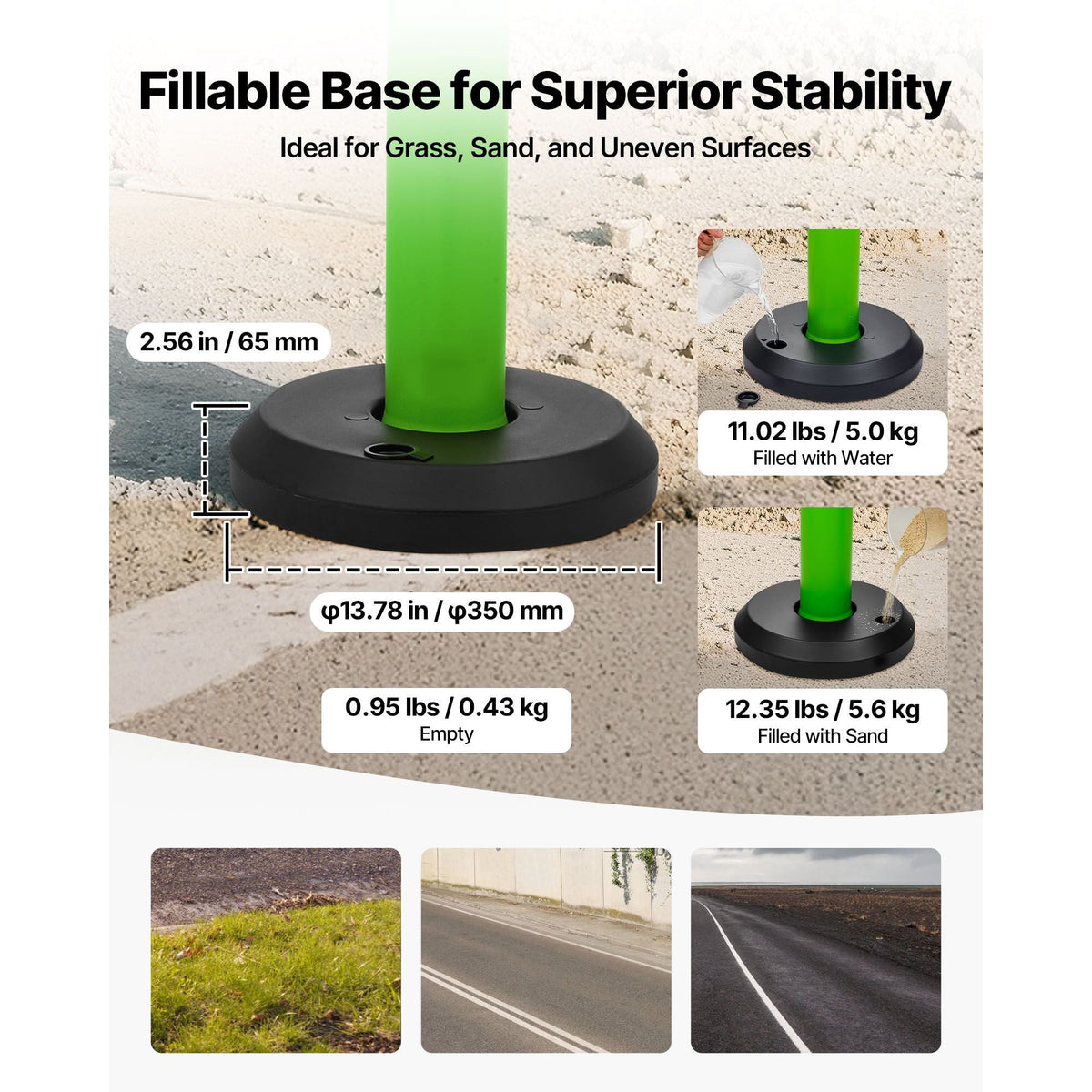 3 Pack Traffic Delineator Posts, 48 inches Traffic Safety Cones with Fillable Base and Reflective Strips, Heavy Duty Delineator Posts for Construction Site, Parking Lot, Crowd Control, Green