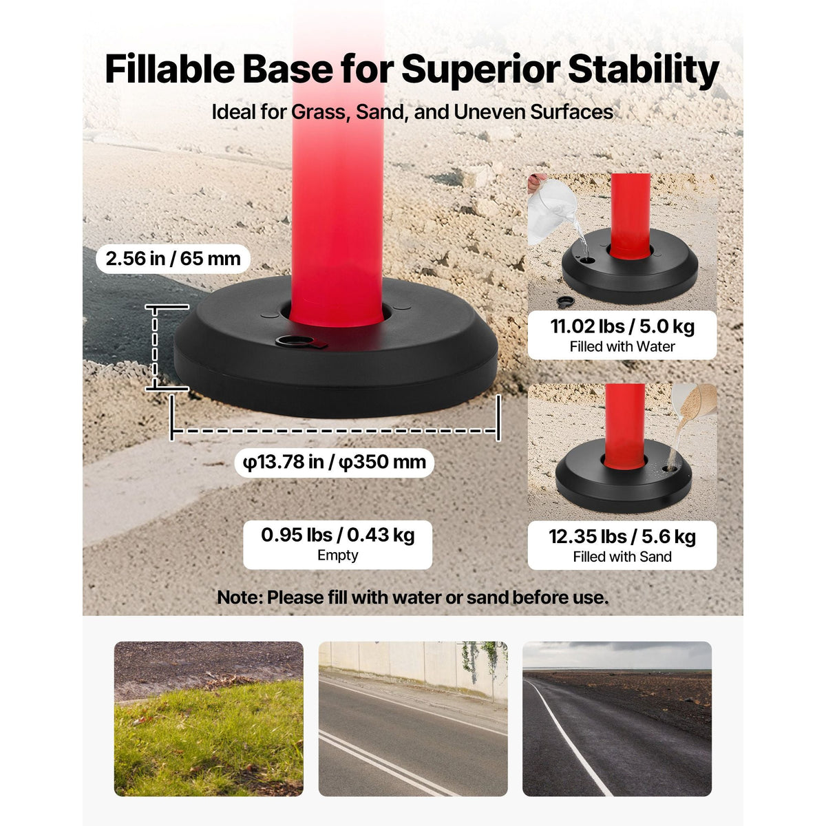 3 Pack Traffic Delineator Posts, 48 inches Traffic Safety Cones with Fillable Base and Reflective Strips, Heavy Duty Delineator Posts for Construction Site, Parking Lot, Crowd Control, Red