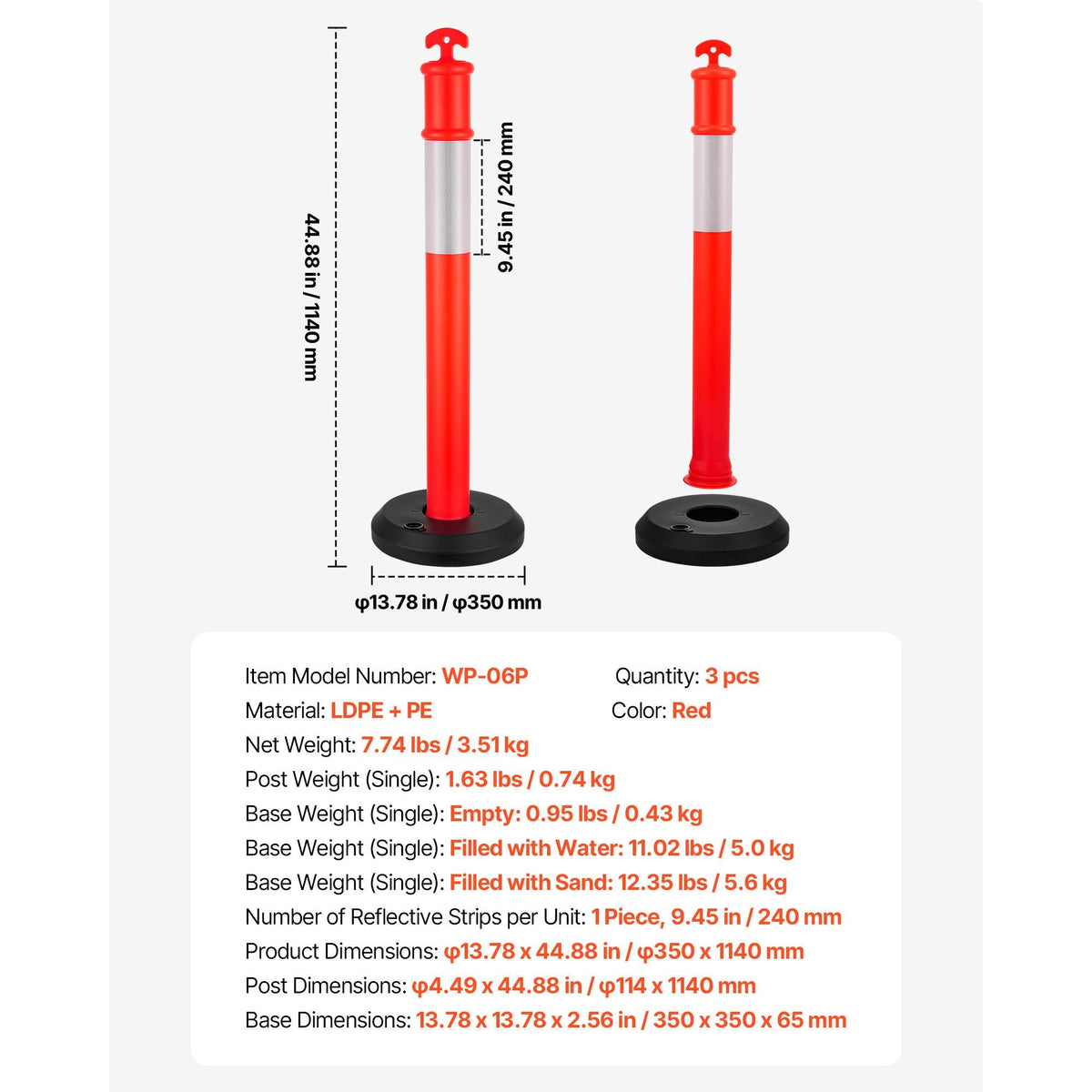3 Pack Traffic Delineator Posts, 48 inches Traffic Safety Cones with Fillable Base and Reflective Strips, Heavy Duty Delineator Posts for Construction Site, Parking Lot, Crowd Control, Red