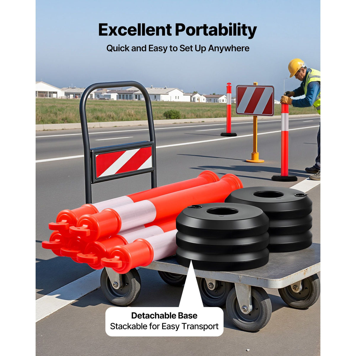3 Pack Traffic Delineator Posts, 48 inches Traffic Safety Cones with Fillable Base and Reflective Strips, Heavy Duty Delineator Posts for Construction Site, Parking Lot, Crowd Control, Red