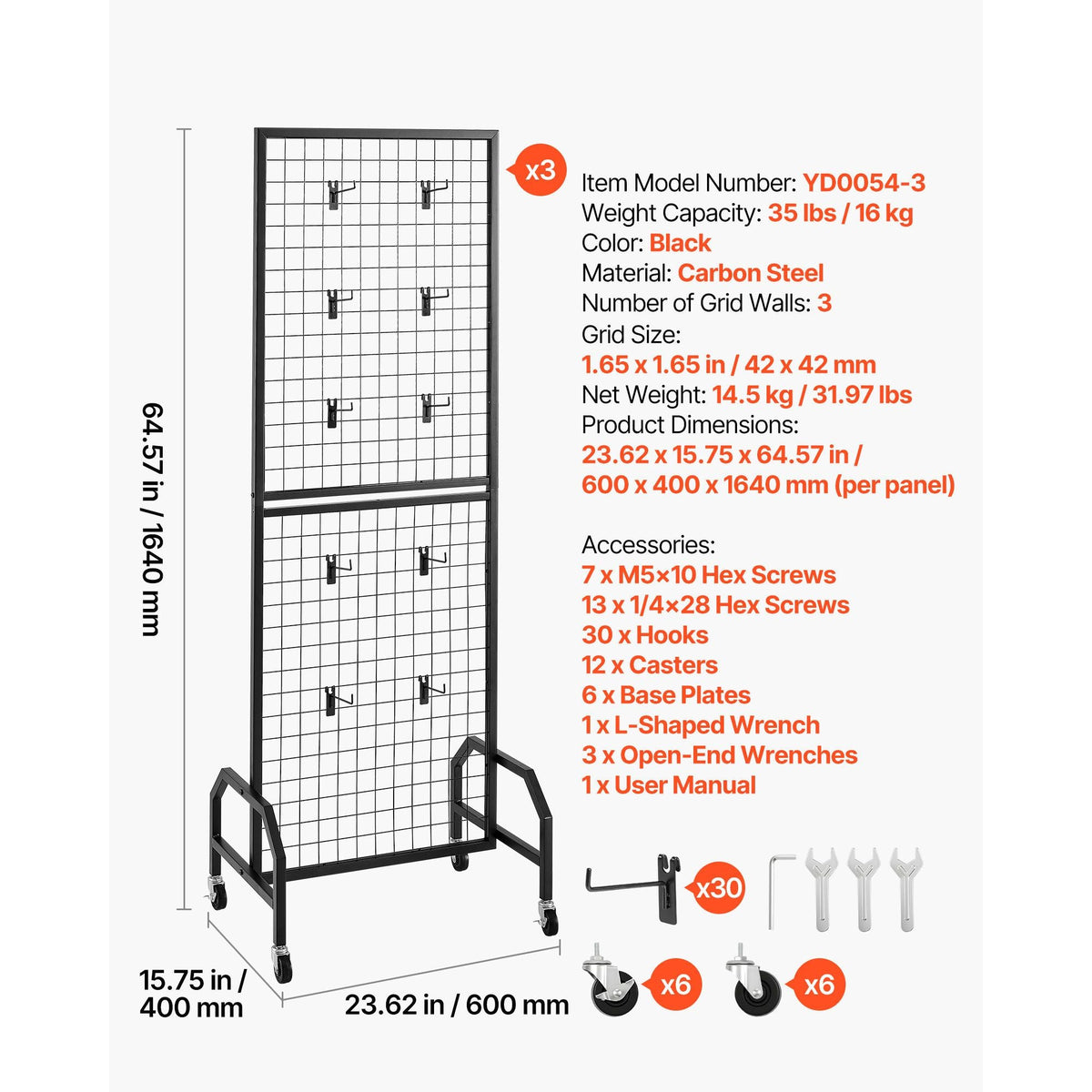 3 Packs Grid Wall Panels, 1.9 x 5.4 ft Wire Grid Panels Display Rack, Movable Art Display Shelf with Wheels and 30 Hooks, Black Carbon Steel Gridwall for Craft Show, Decor, Storage, Notice Board