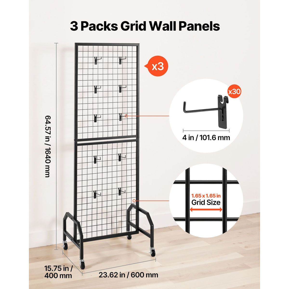 3 Packs Grid Wall Panels, 1.9 x 5.4 ft Wire Grid Panels Display Rack, Movable Art Display Shelf with Wheels and 30 Hooks, Black Carbon Steel Gridwall for Craft Show, Decor, Storage, Notice Board