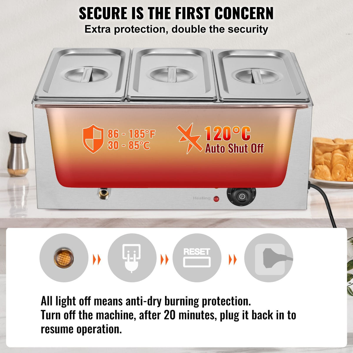 3-Pan Commercial Food Warmer, 17.4QT Electric Steam Table, 1200W Professional Countertop Stainless Steel Buffet Bain Marie with 86-185 Fahrenheit Temp Control, Silver
