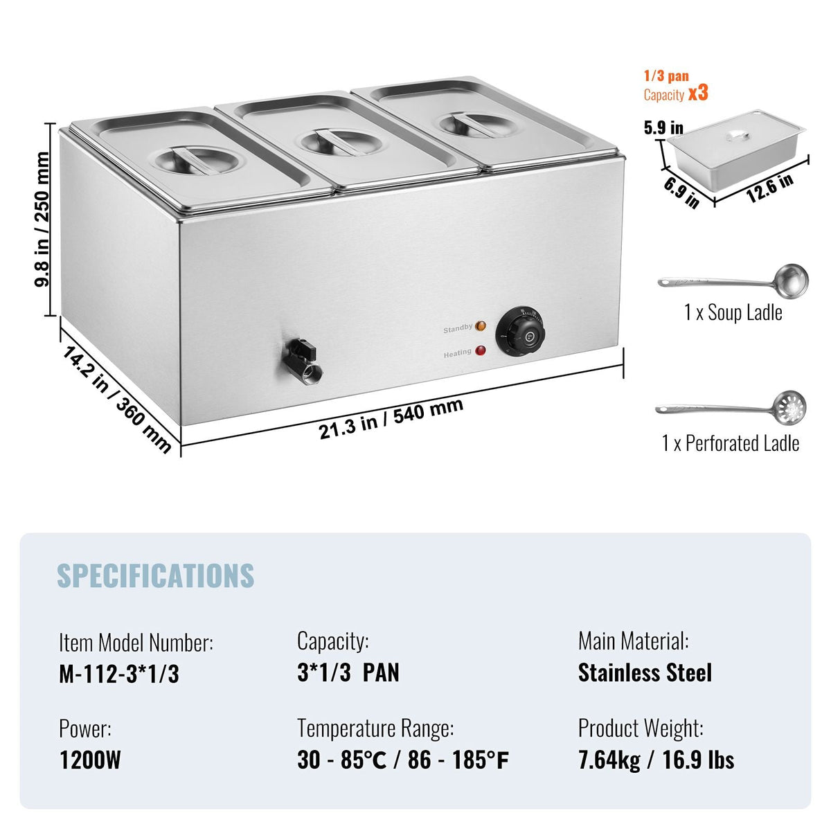 3-Pan Commercial Food Warmer, 17.4QT Electric Steam Table, 1200W Professional Countertop Stainless Steel Buffet Bain Marie with 86-185 Fahrenheit Temp Control, Silver
