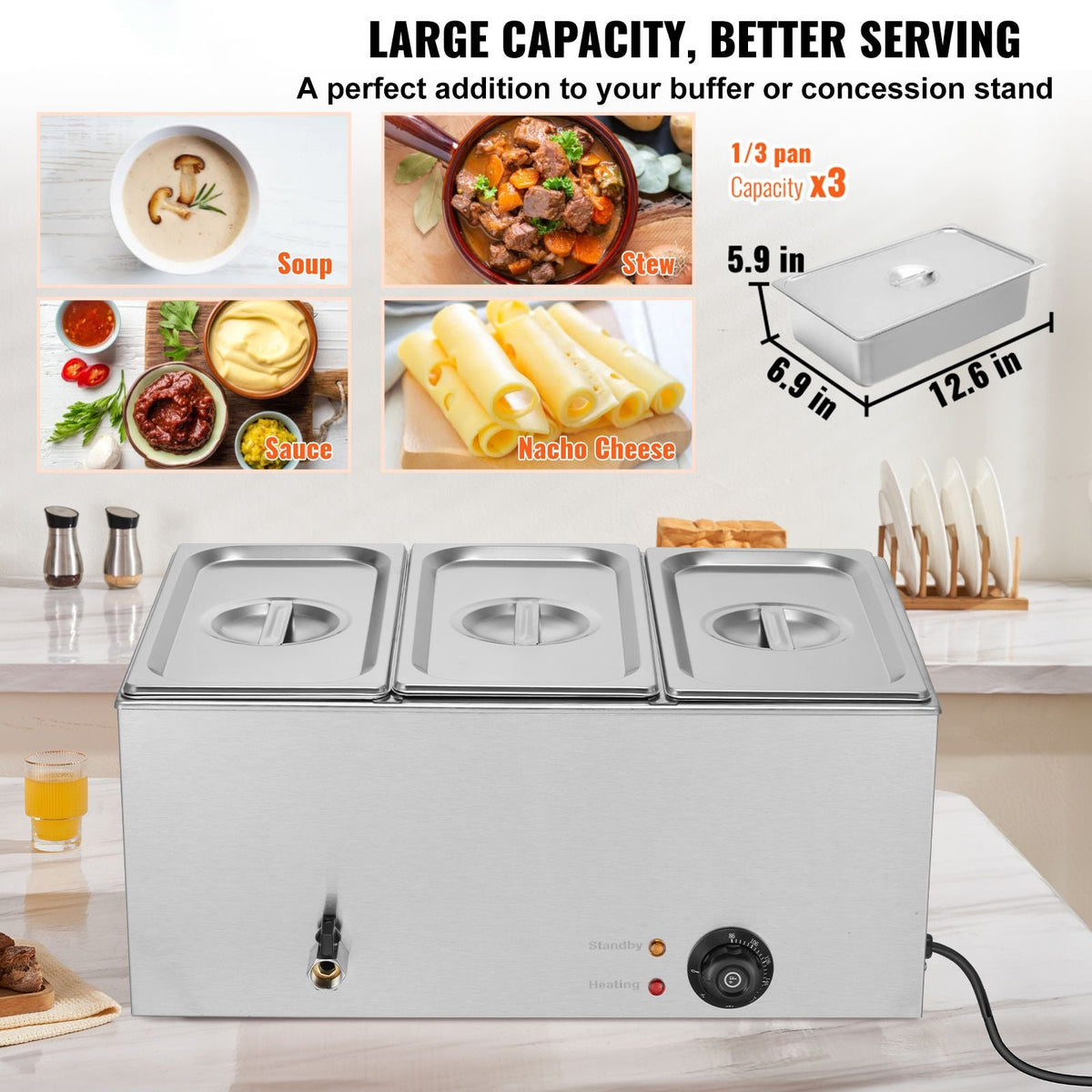 3-Pan Commercial Food Warmer, 17.4QT Electric Steam Table, 1200W Professional Countertop Stainless Steel Buffet Bain Marie with 86-185 Fahrenheit Temp Control, Silver